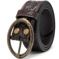 Floral Tooled Leather Western Belt with Antique Brass Buckle: Brown