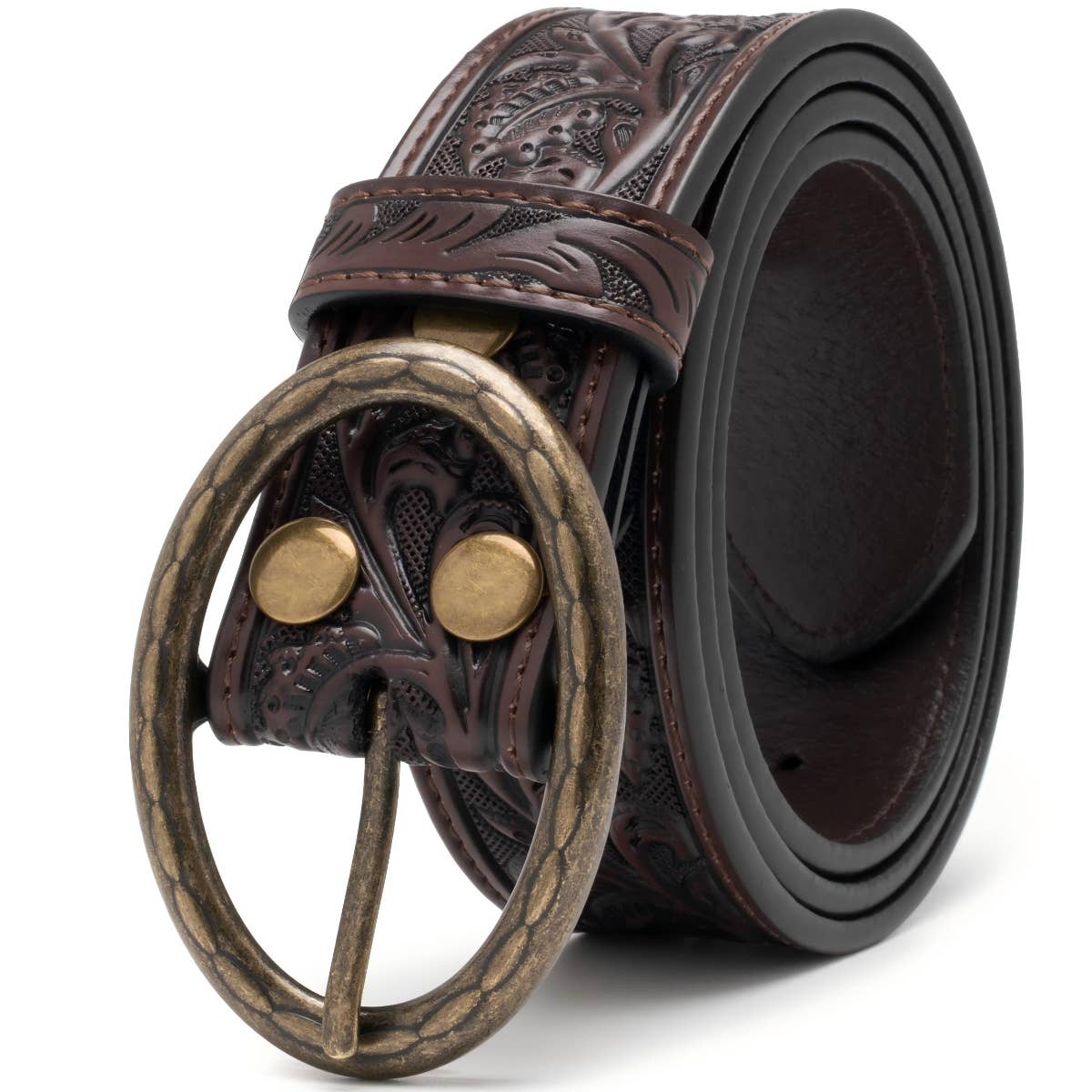 Floral Tooled Leather Western Belt with Antique Brass Buckle: Brown
