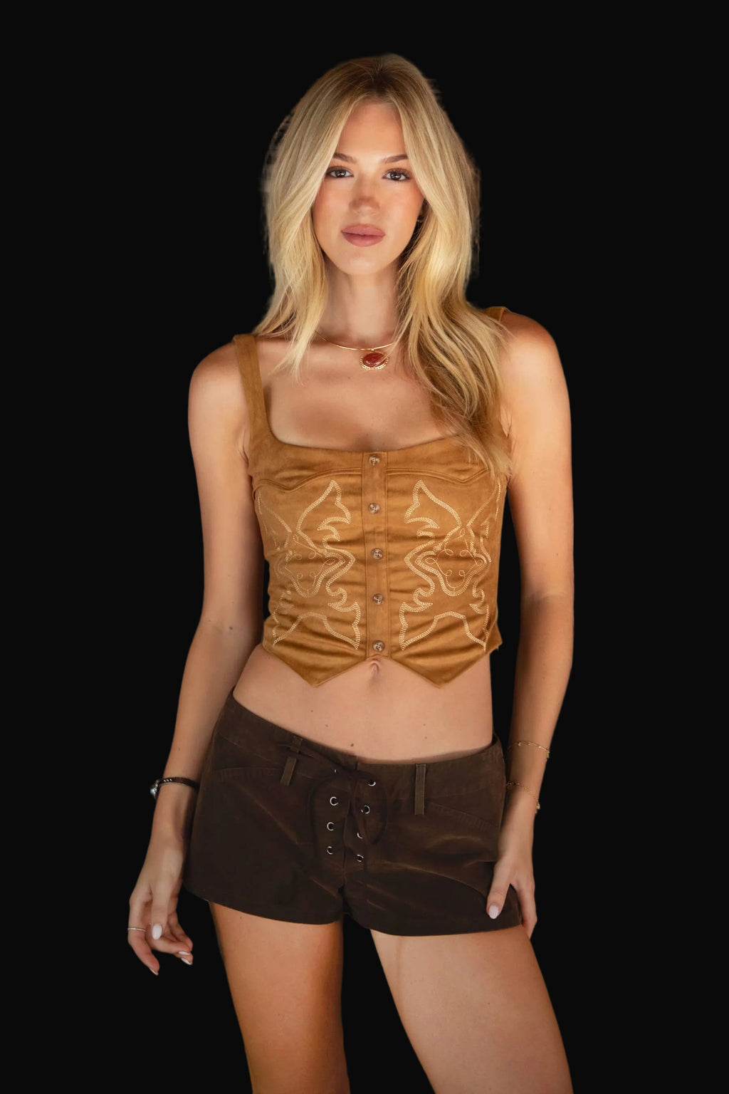 JESSIE Embroidered Western Suede Corset - Tan