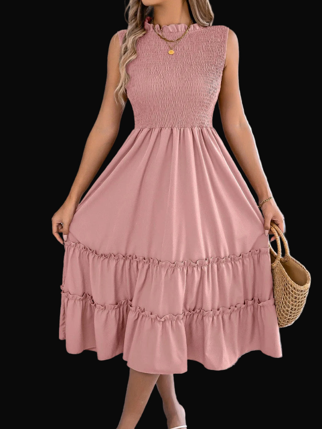 Smocked Sleeveless Ruffle Midi Dress Flowy Summer
