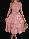 Suhkasana Women's Smocked Sleeveless Ruffle Flowy Summer Midi Dress