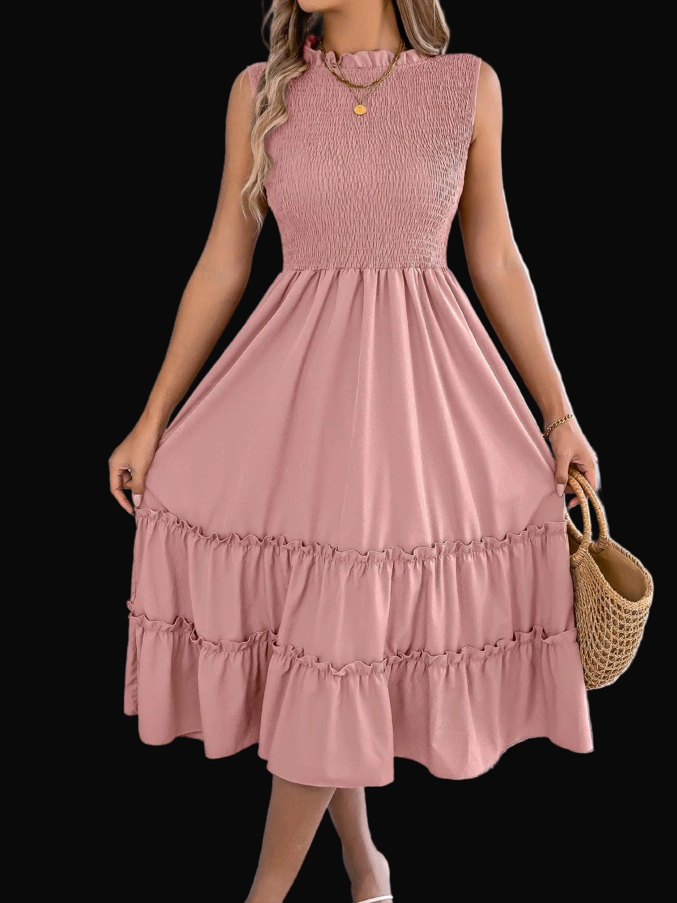 Smocked Sleeveless Ruffle Midi Dress Flowy Summer