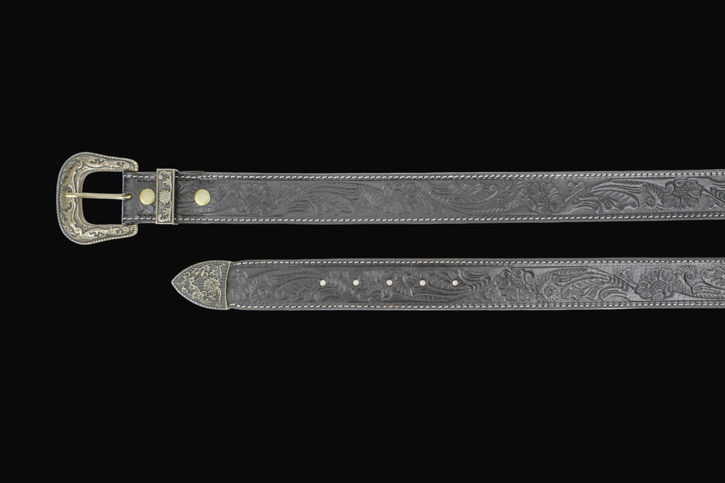 Black Tooled Leather Belt with Floral Filigree