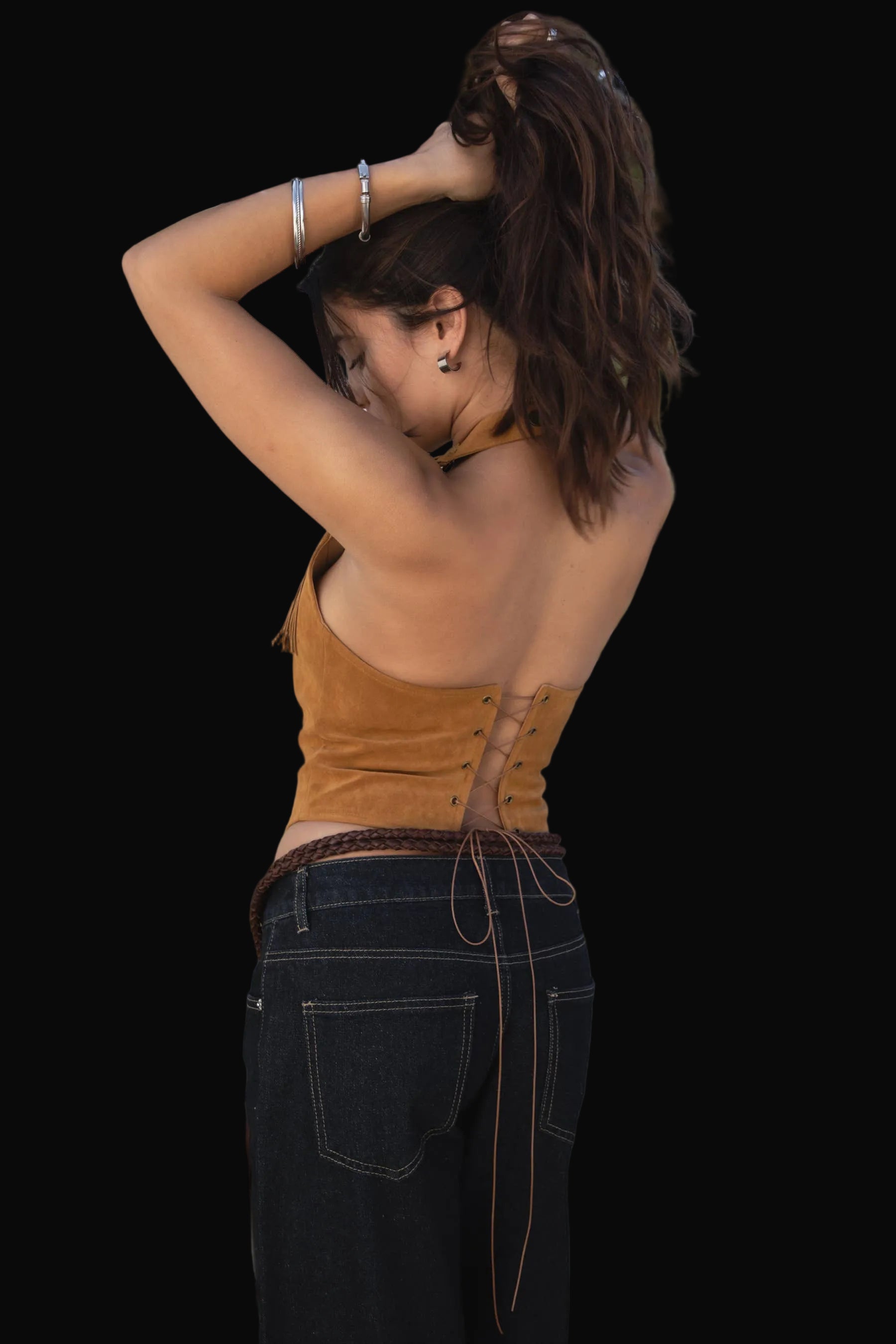 Low Open Back Faux Suede Fringe Halter Top
