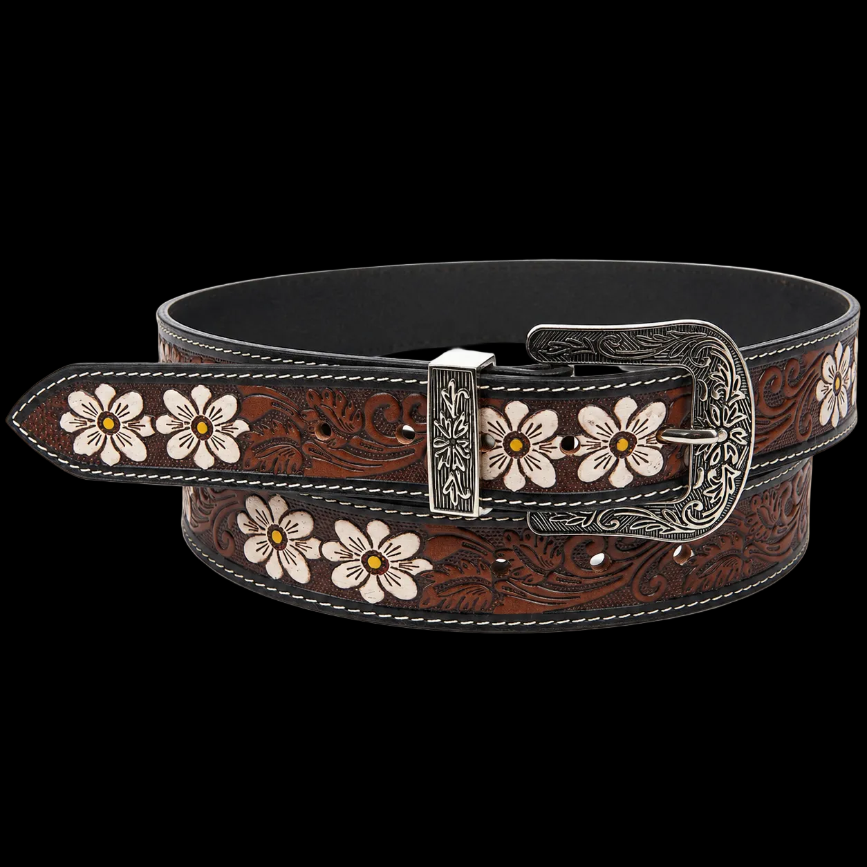 Leather Impressions Tooled Leather Belt with White Floral Accent