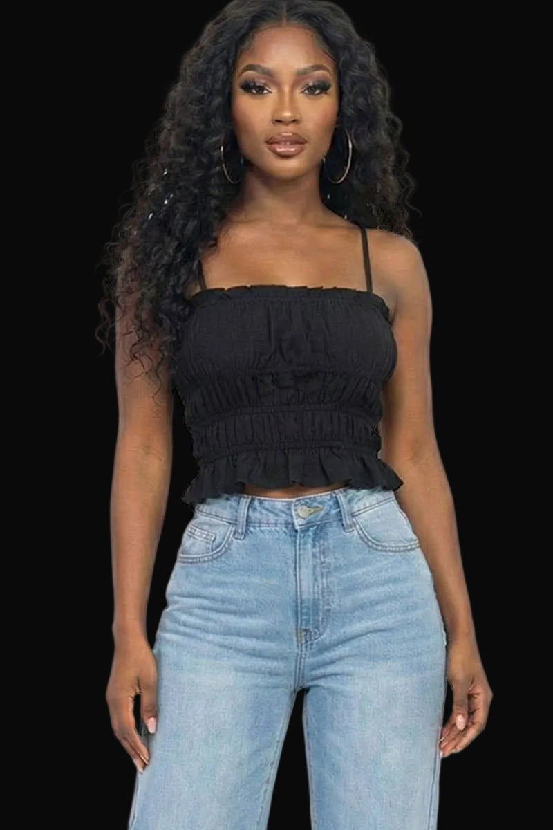 Tiered Shirred Body Crop Top: Black