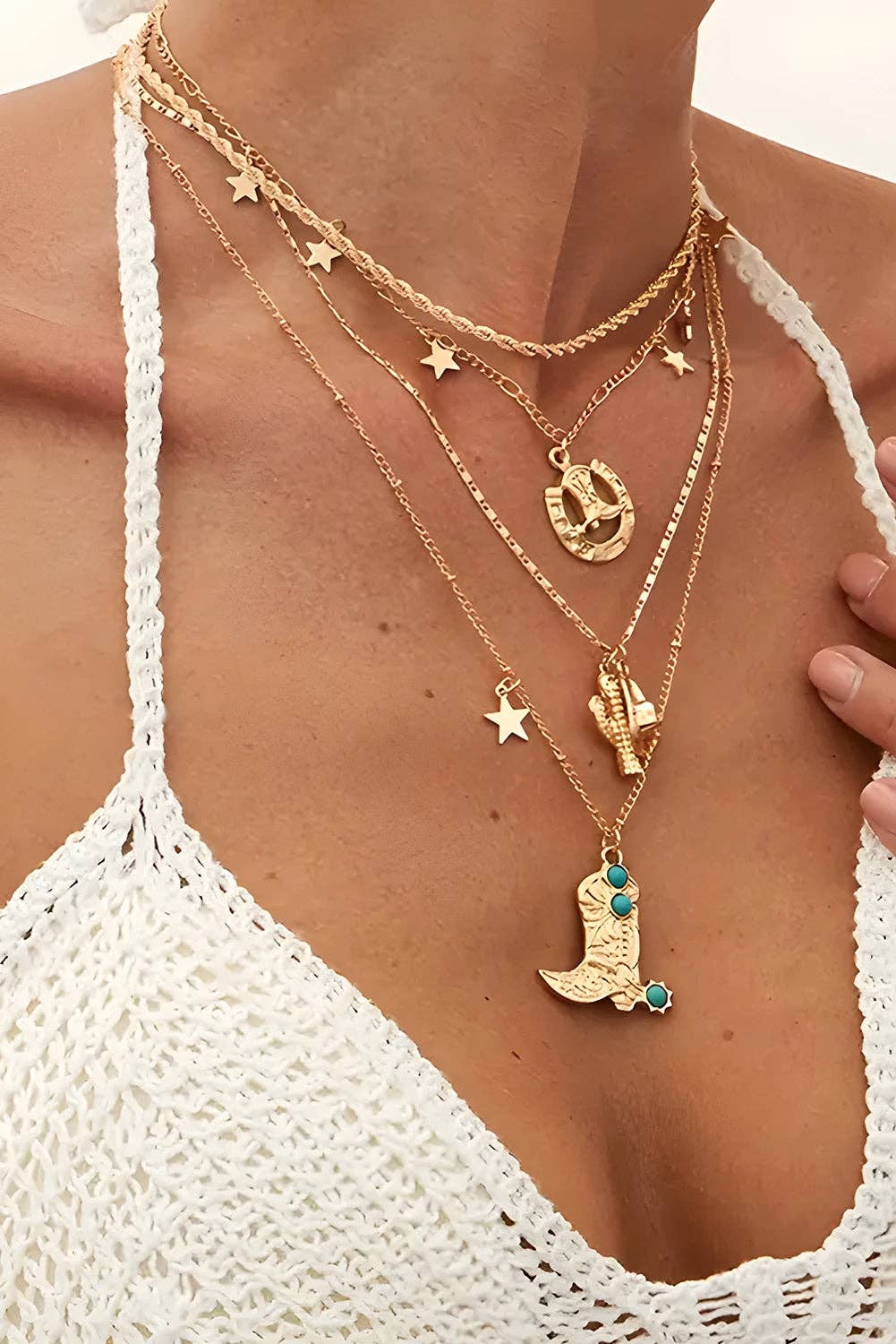 Gold 4-Piece Alloy Plated Turquoise Boot Pendant Western Necklace Set