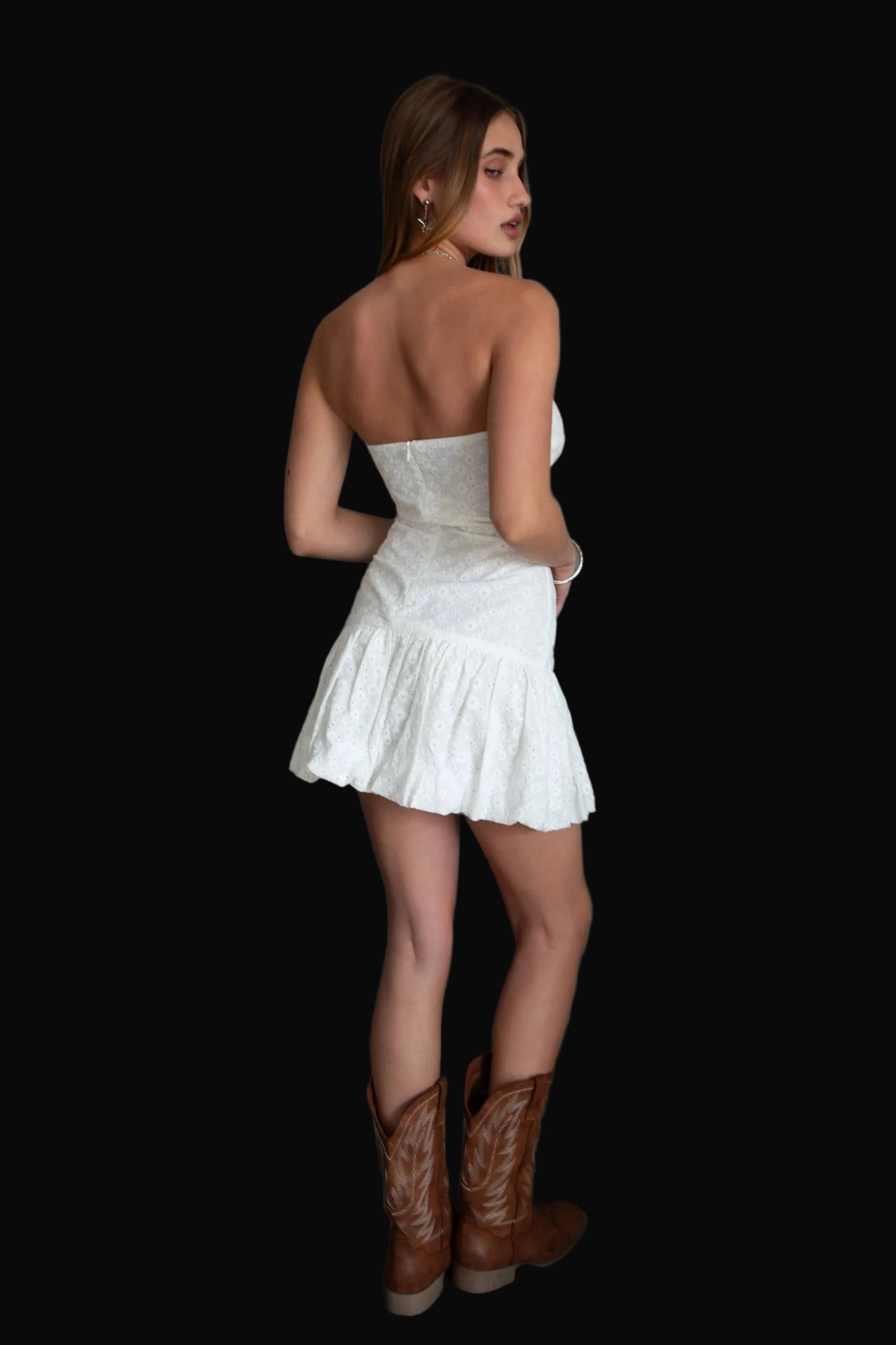 Embroidered Strapless Bubble Hem Mini Dress