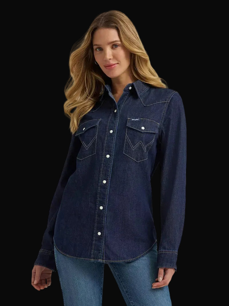 Wrangler Womens Dark Denim Vintage Fit Western Snap Shirt