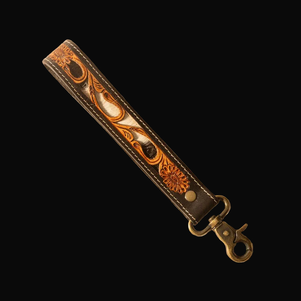 Wildvine Pony Western Handtooled Key Fob in Black with Hairon Detail: Black