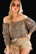 Off Shoulder Layered Ruffled Leopard Casual Tops - Brown
