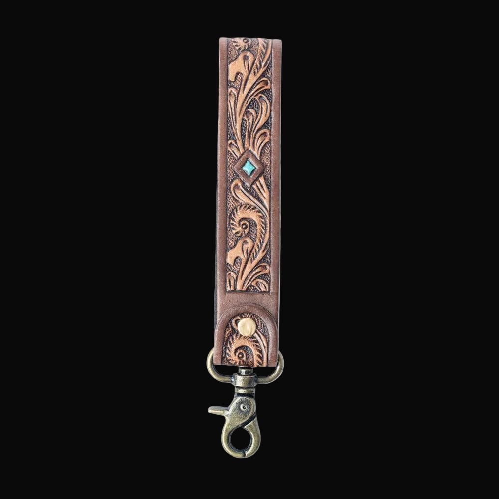 Spirit Stone Handtooled Leather Keyfob in Mahogany Brown: Mahogany Brown
