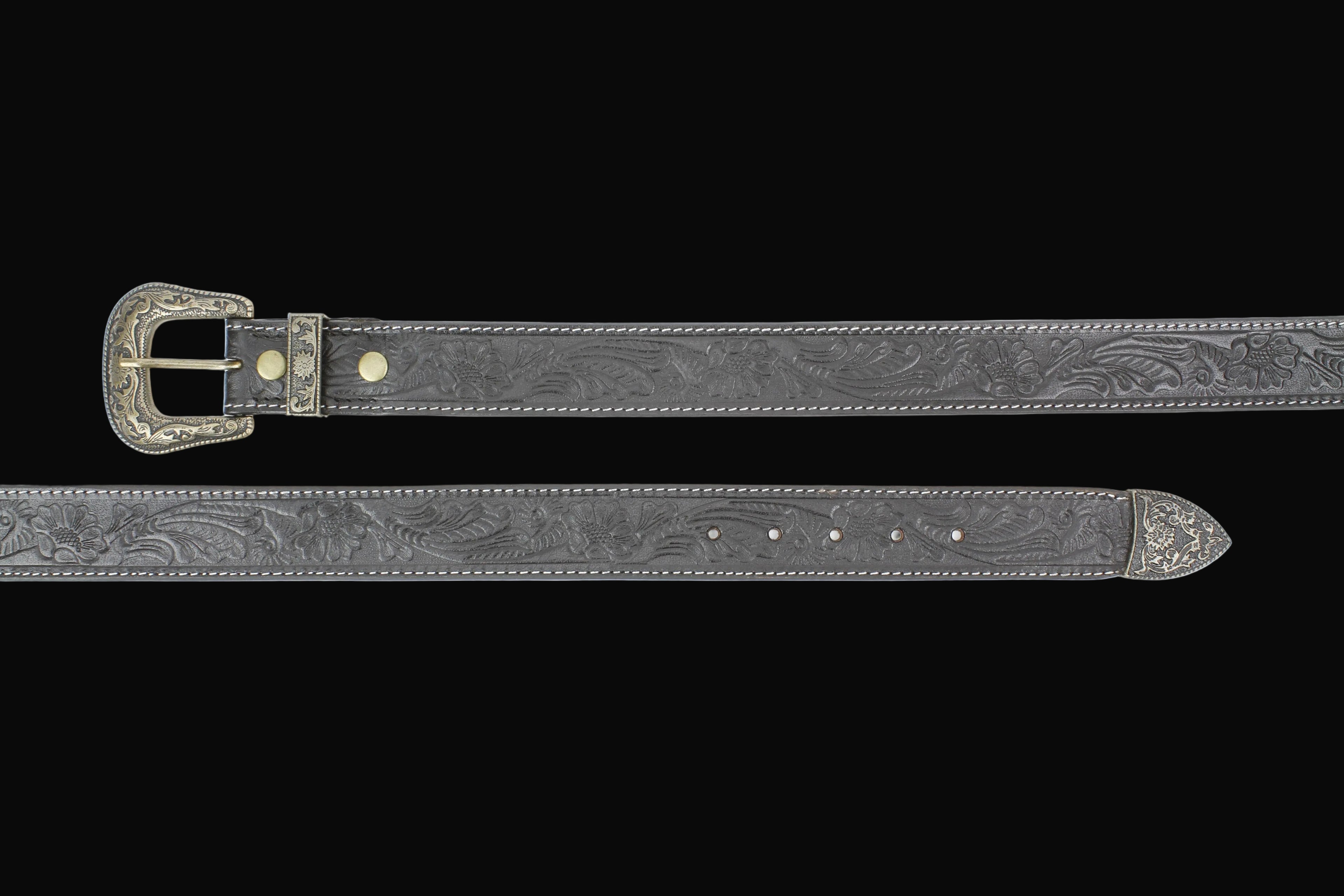 Black Tooled Leather Belt with Floral Filigree