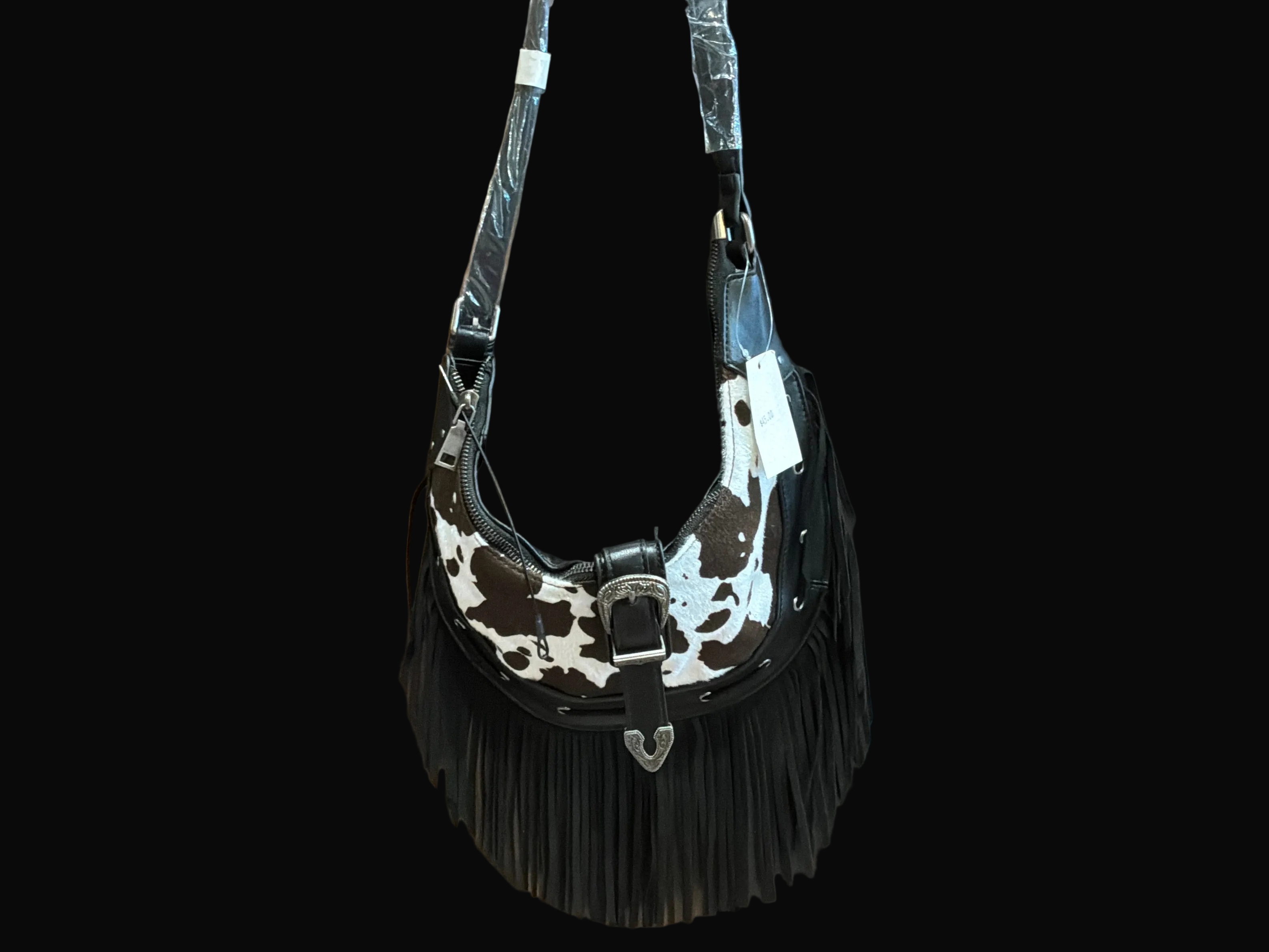 Cow Print Leather Fringe Bag - Cow Print Black