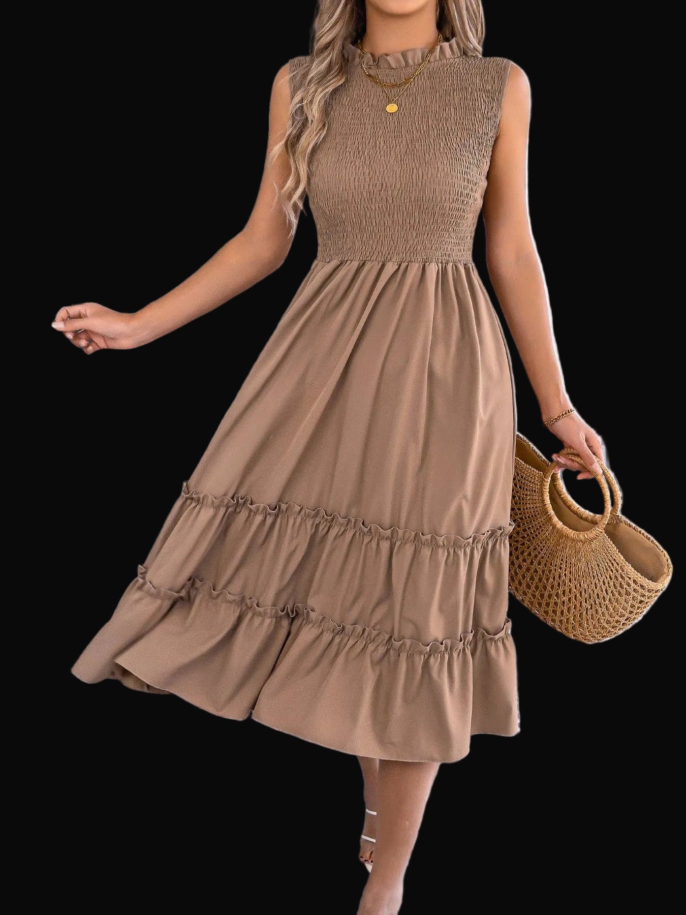 Smocked Sleeveless Ruffle Midi Dress Flowy Summer