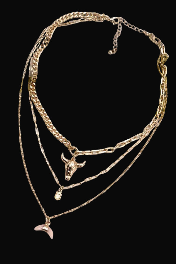 Bull Horn Multi Layer Necklace: Gold