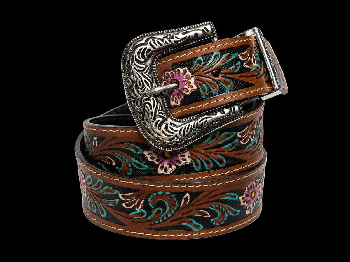 Leather Impressions Filigree Leather Belt with Floral Turquoise