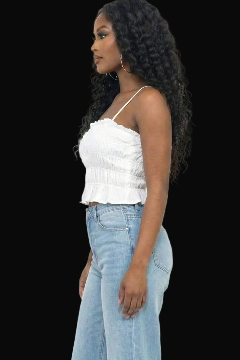 Tiered Shirred Body Crop Top: White
