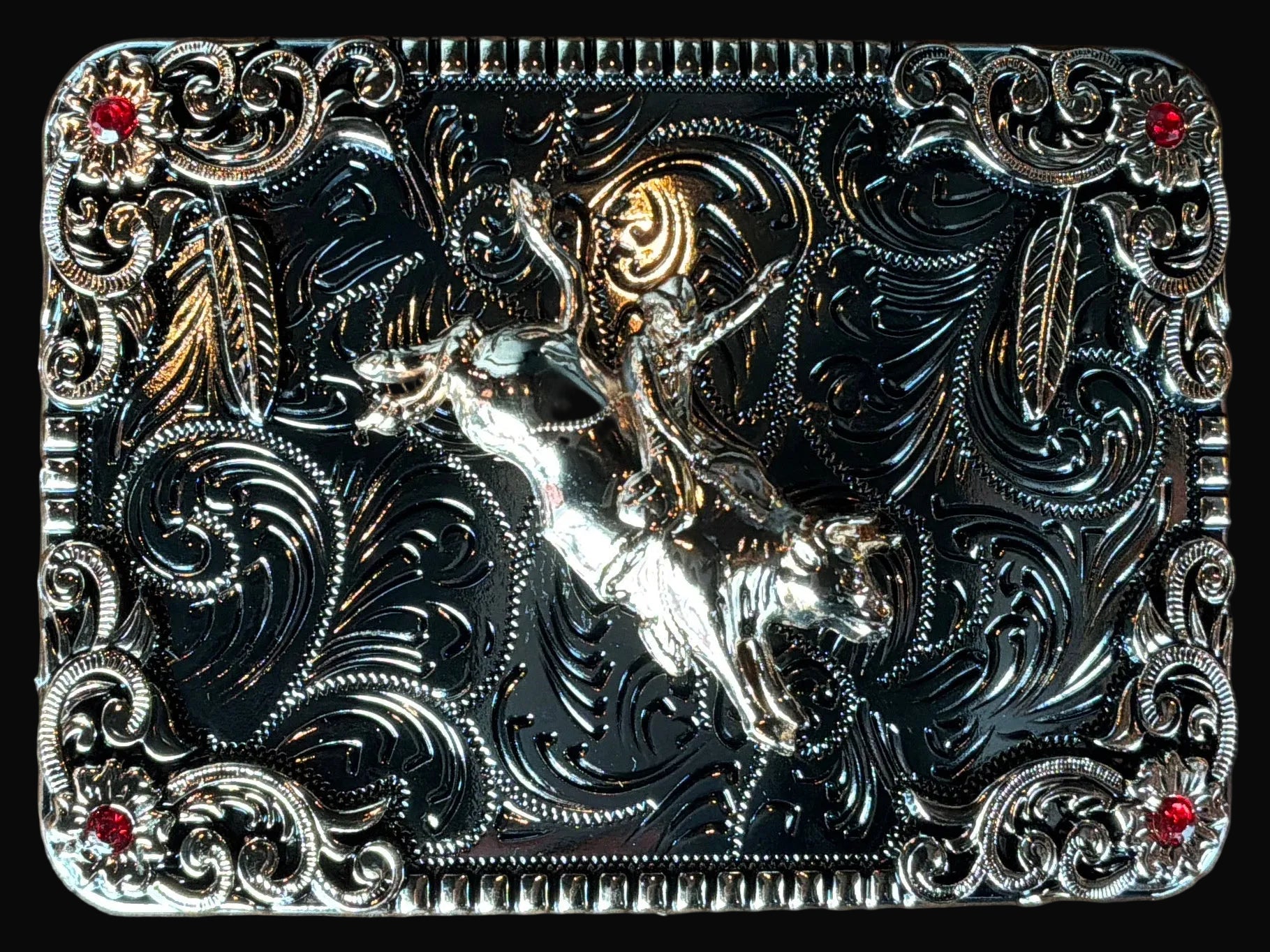 Rose Gold/Silver Red Stone Floral Bull Rider Belt Buckle