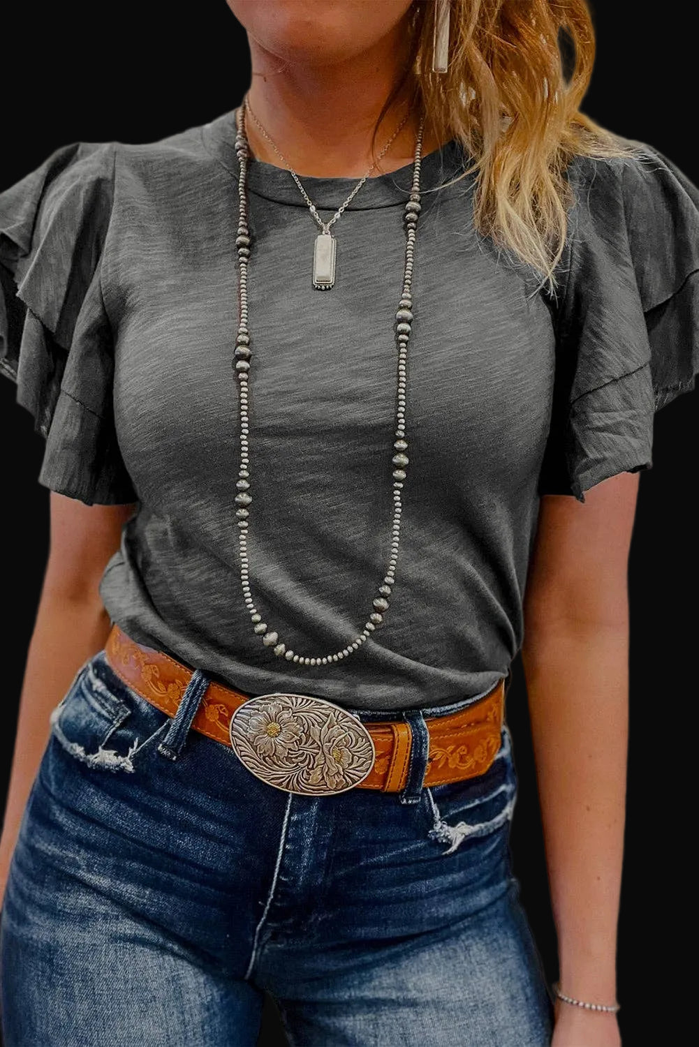 Dark Grey Ruffle Sleeve Tee Casual Summer Top: Dark Grey