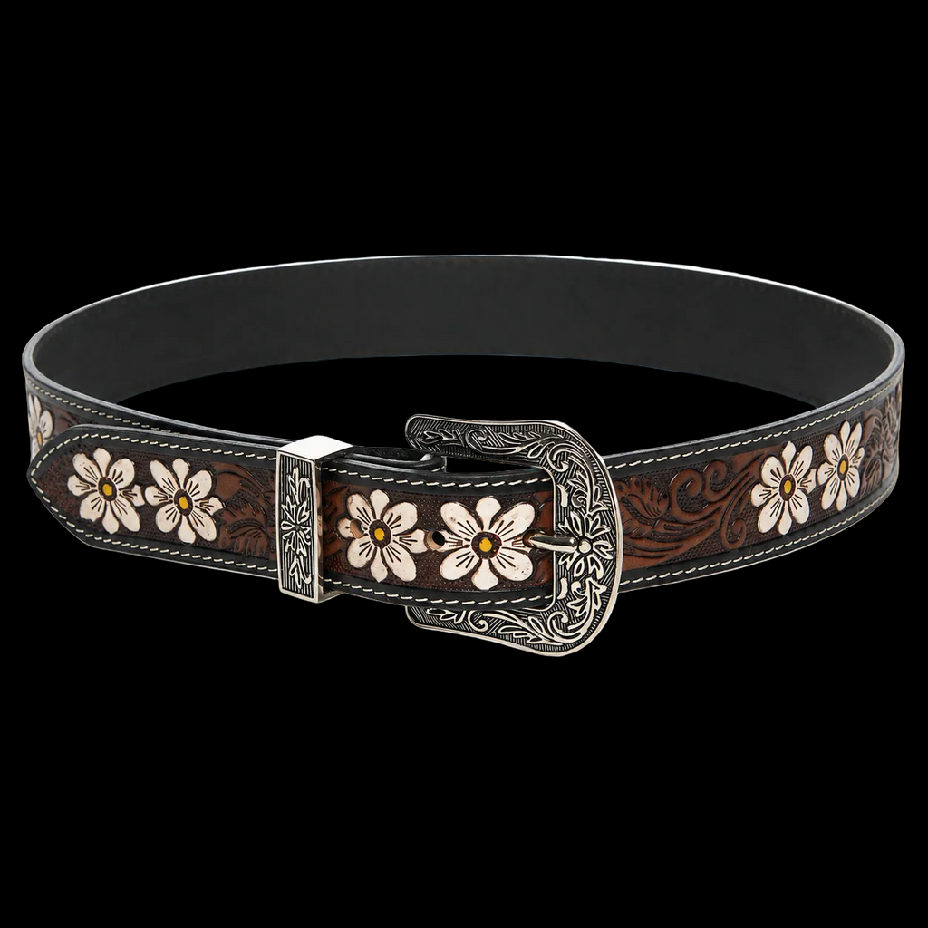 Leather Impressions Tooled Leather Belt with White Floral Accent