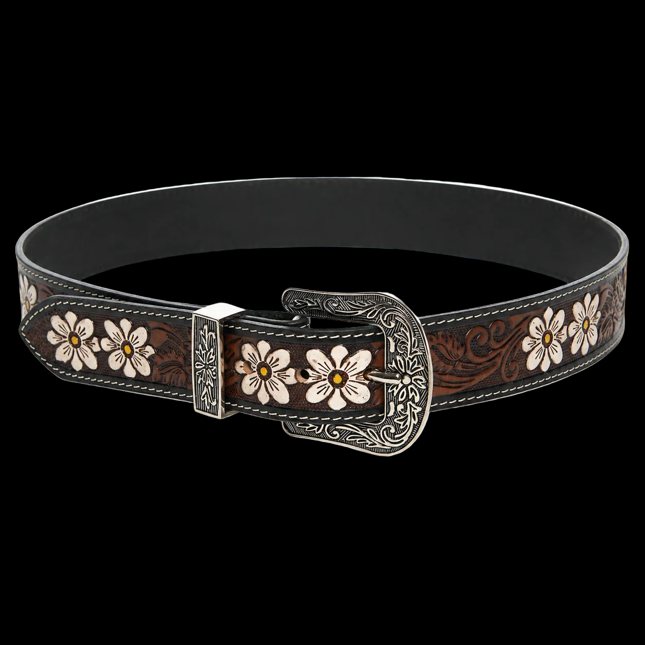 Leather Impressions Tooled Leather Belt with White Floral Accent