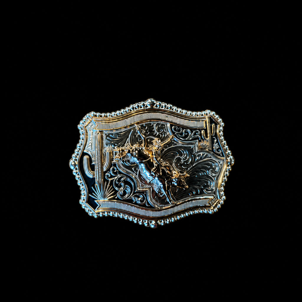 Modestone Belt Buckle- bull rider rose gold and silver and black