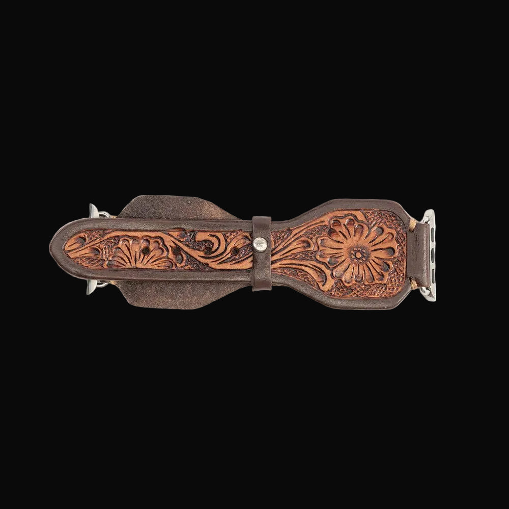 Lone Star Handtooled Leather Watch Band in Antique Mahogany