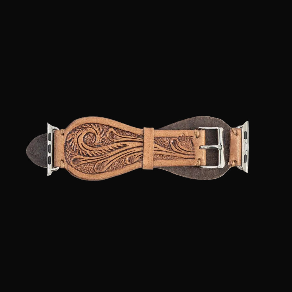 Lone Star Handtooled Leather Watch Band in Light Saddle Tan