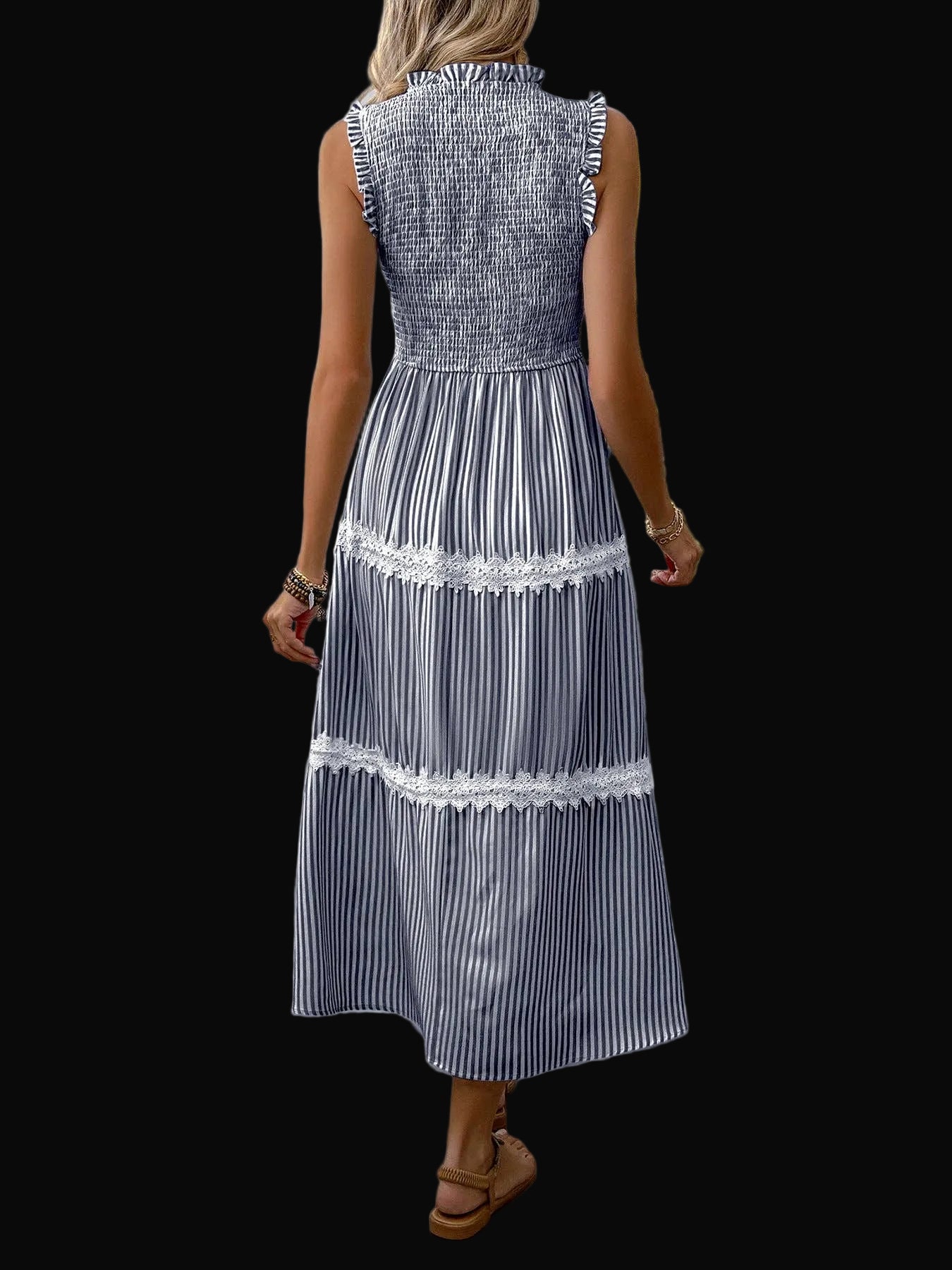 Sleeveless Striped Lace Midi Dress Ruffled A-Line Summer