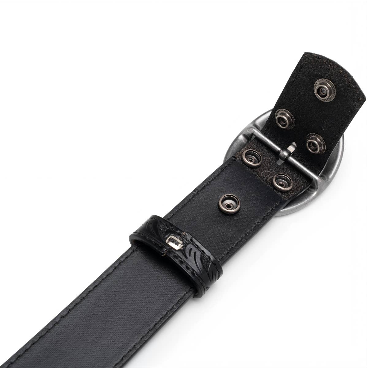 Floral Tooled Leather Western Belt with Antique Silver Buckle: Black
