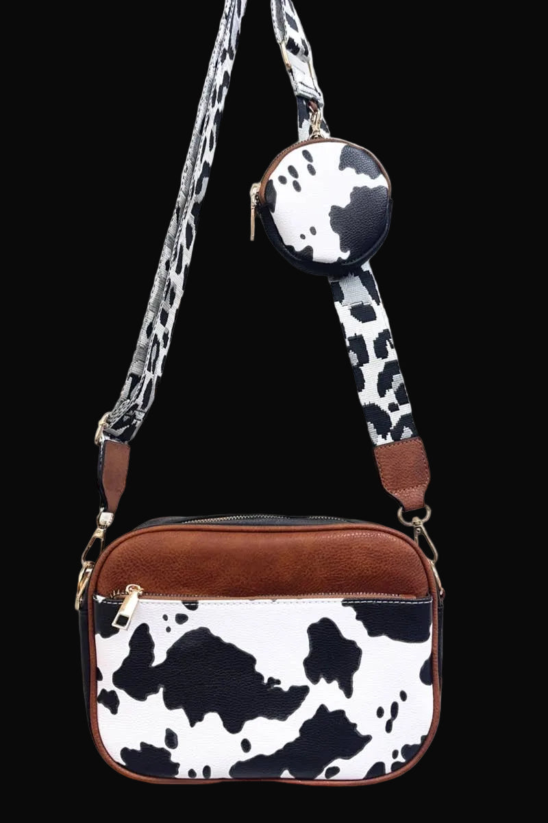 Cow Print Crossbody Sling Bag with Coin Purse: White