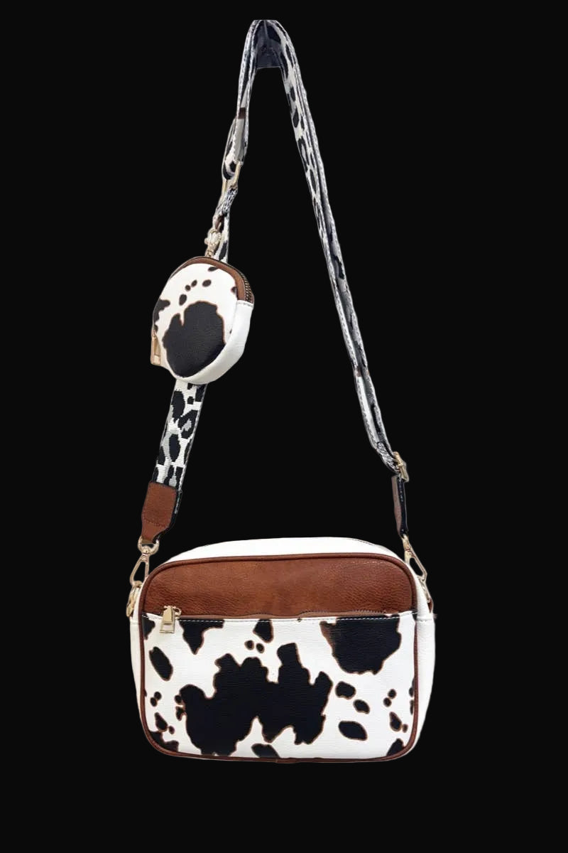 Cow Print Crossbody Sling Bag with Coin Purse: White