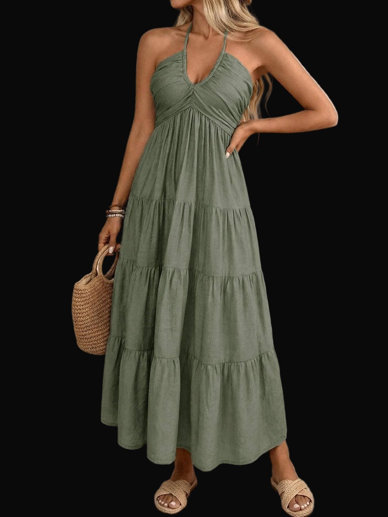 Women's Halter Tiered Maxi Dress Backless Boho Summer Vacation
