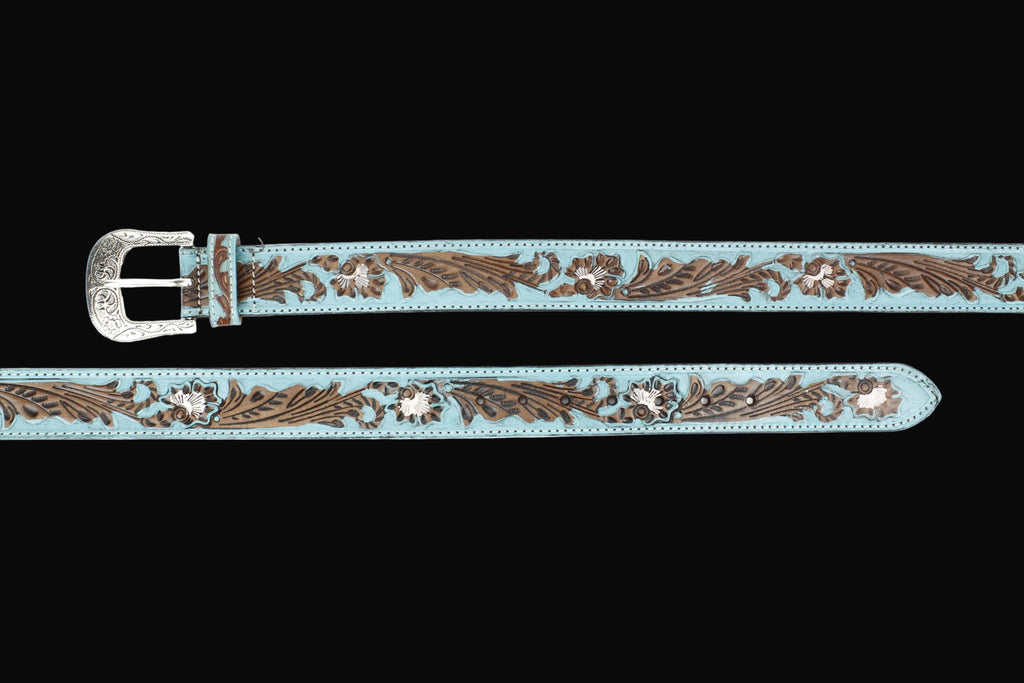Turquoise Tooled Floral Belt Brown Accents ABB WST 09