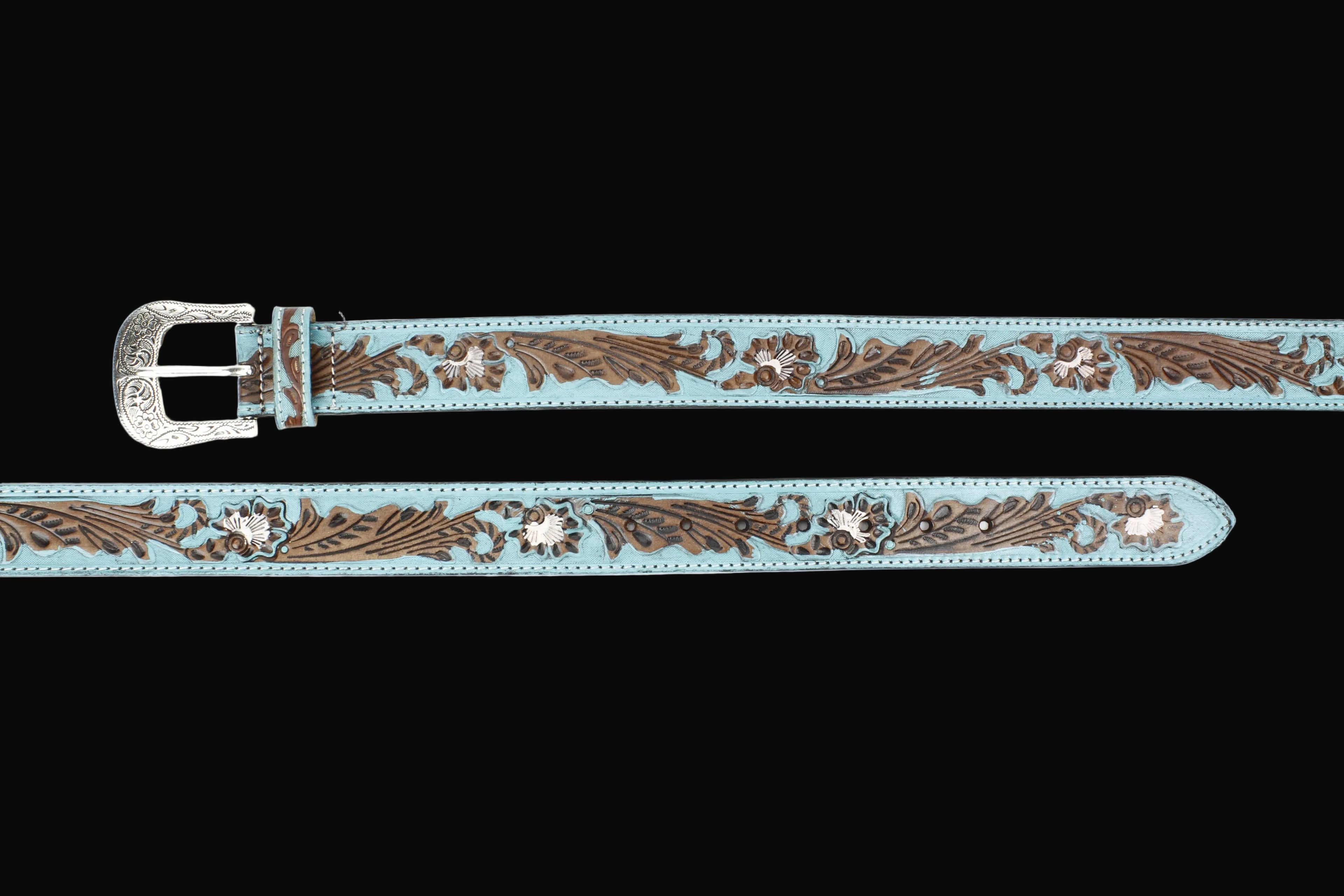 Turquoise Tooled Floral Belt Brown Accents ABB WST 09