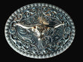 Silver/Rose Gold Floral Longhorn Oval Belt Buckle