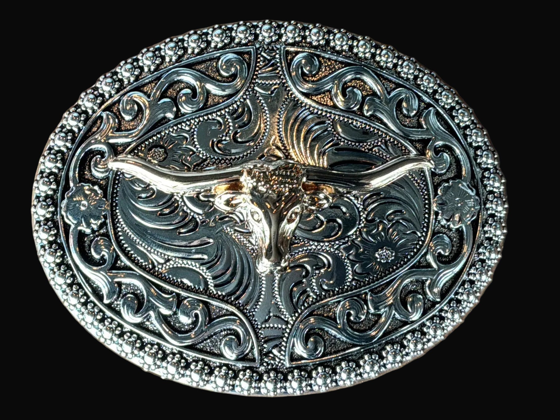 Silver/Rose Gold Floral Longhorn Oval Belt Buckle