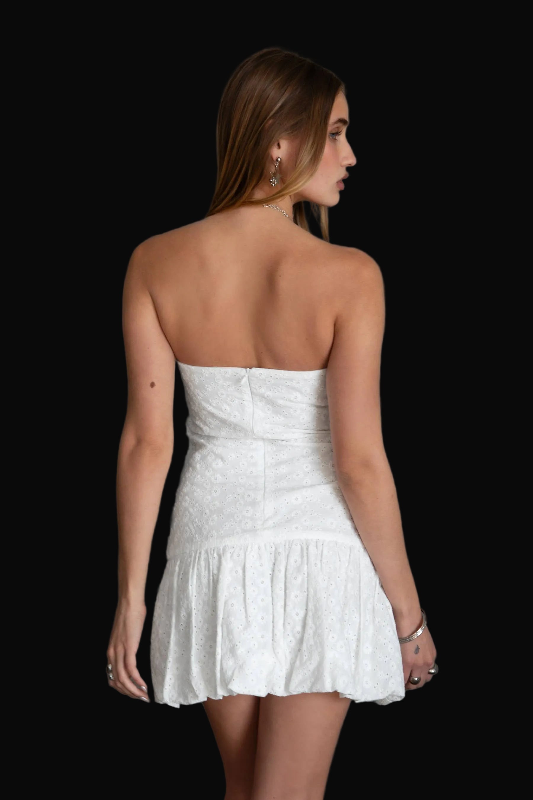 Embroidered Strapless Bubble Hem Mini Dress