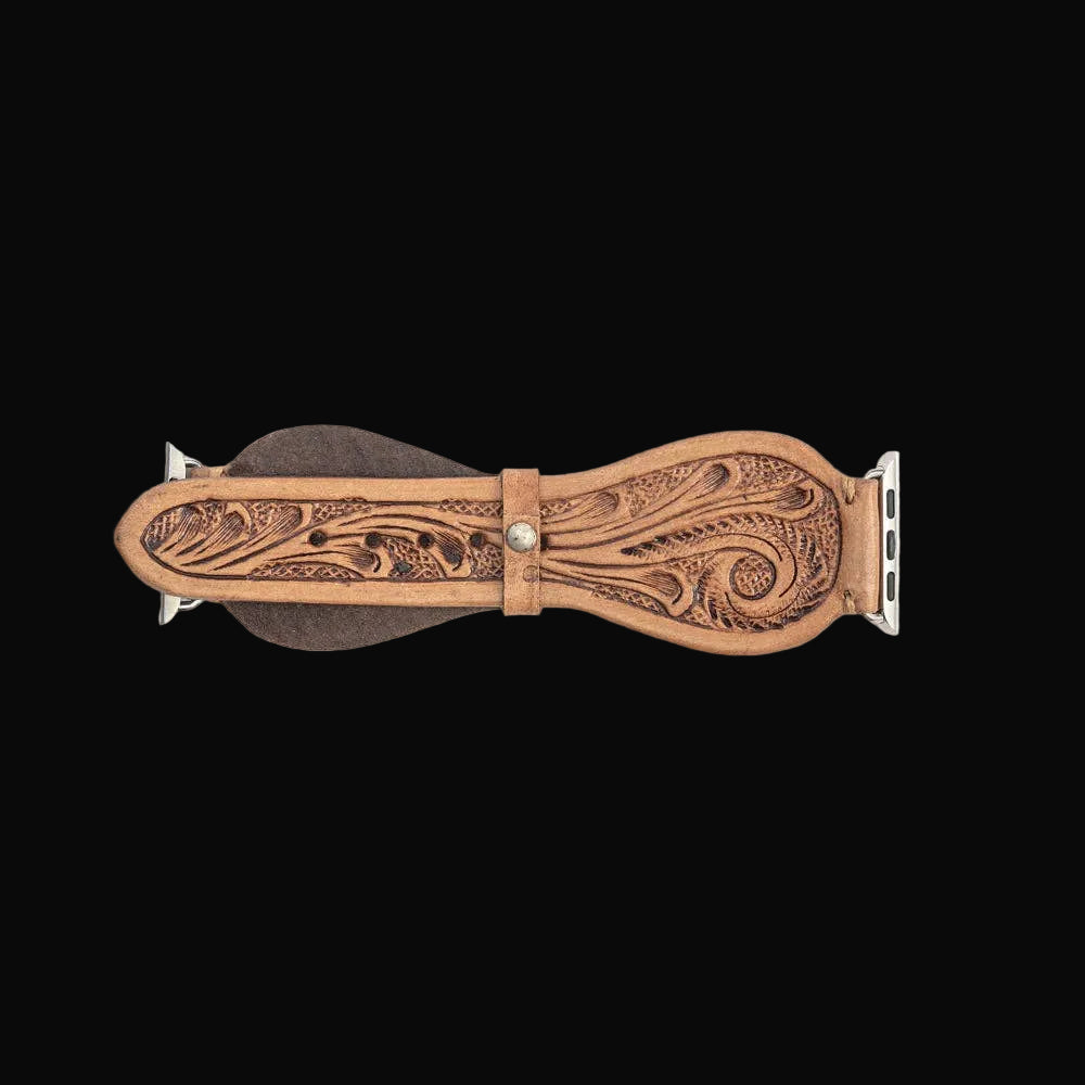 Lone Star Handtooled Leather Watch Band in Light Saddle Tan
