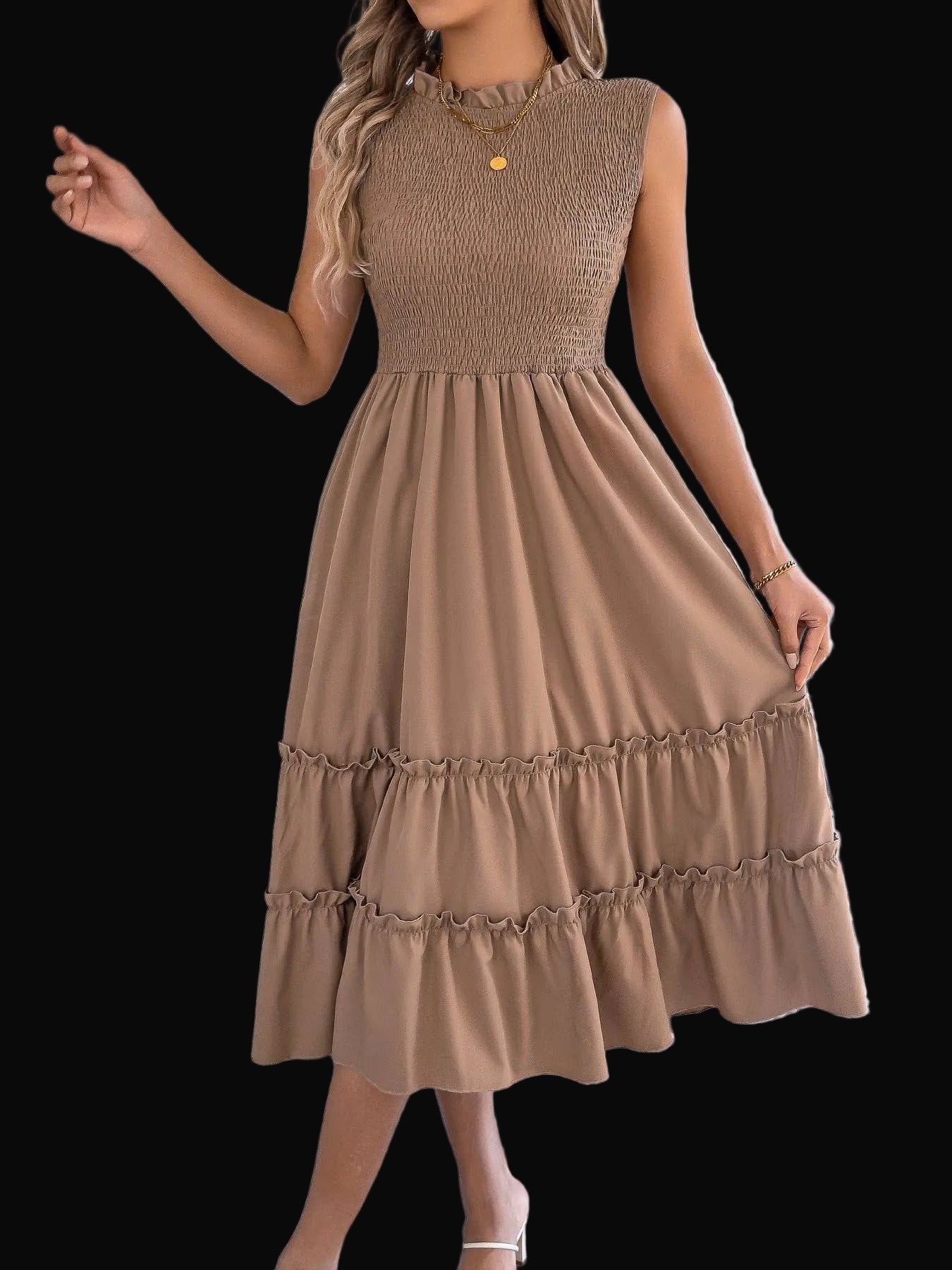 Smocked Sleeveless Ruffle Midi Dress Flowy Summer
