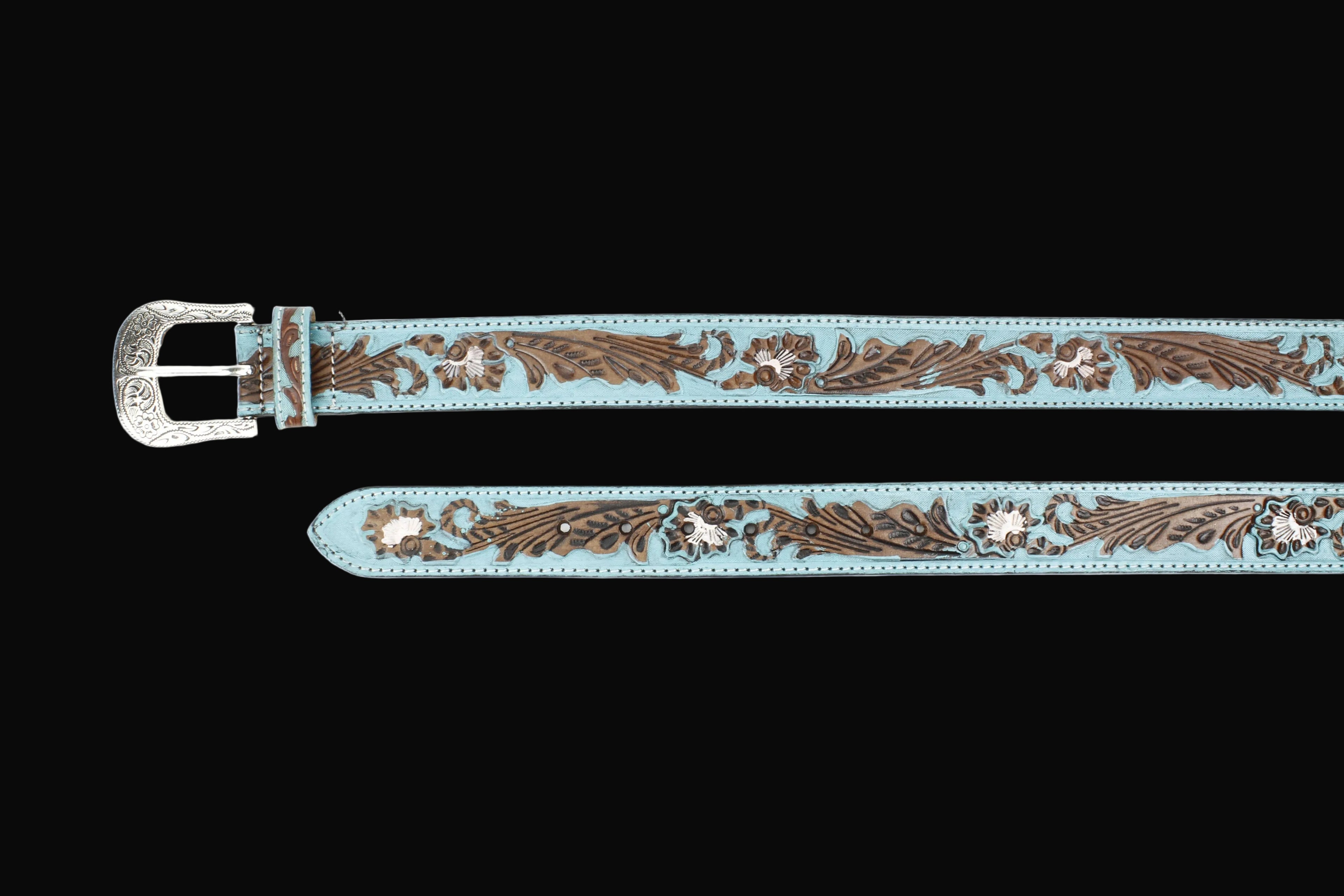 Turquoise Tooled Floral Belt Brown Accents