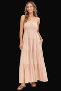 Sweet Lovely by Jen Women's Smocked Brodice Tiered Maxi Dress: Sand / Contemporary