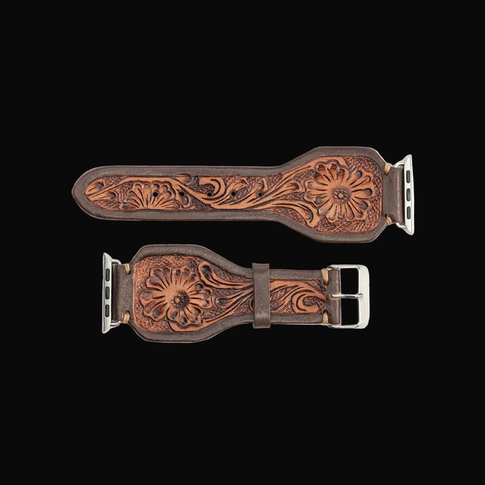 Lone Star Handtooled Leather Watch Band in Antique Mahogany