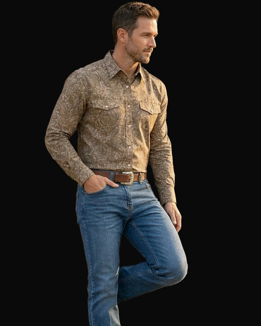 MontanaCo Mens Premium Cotton Western Snaps Long Sleeve Shirt: Brown