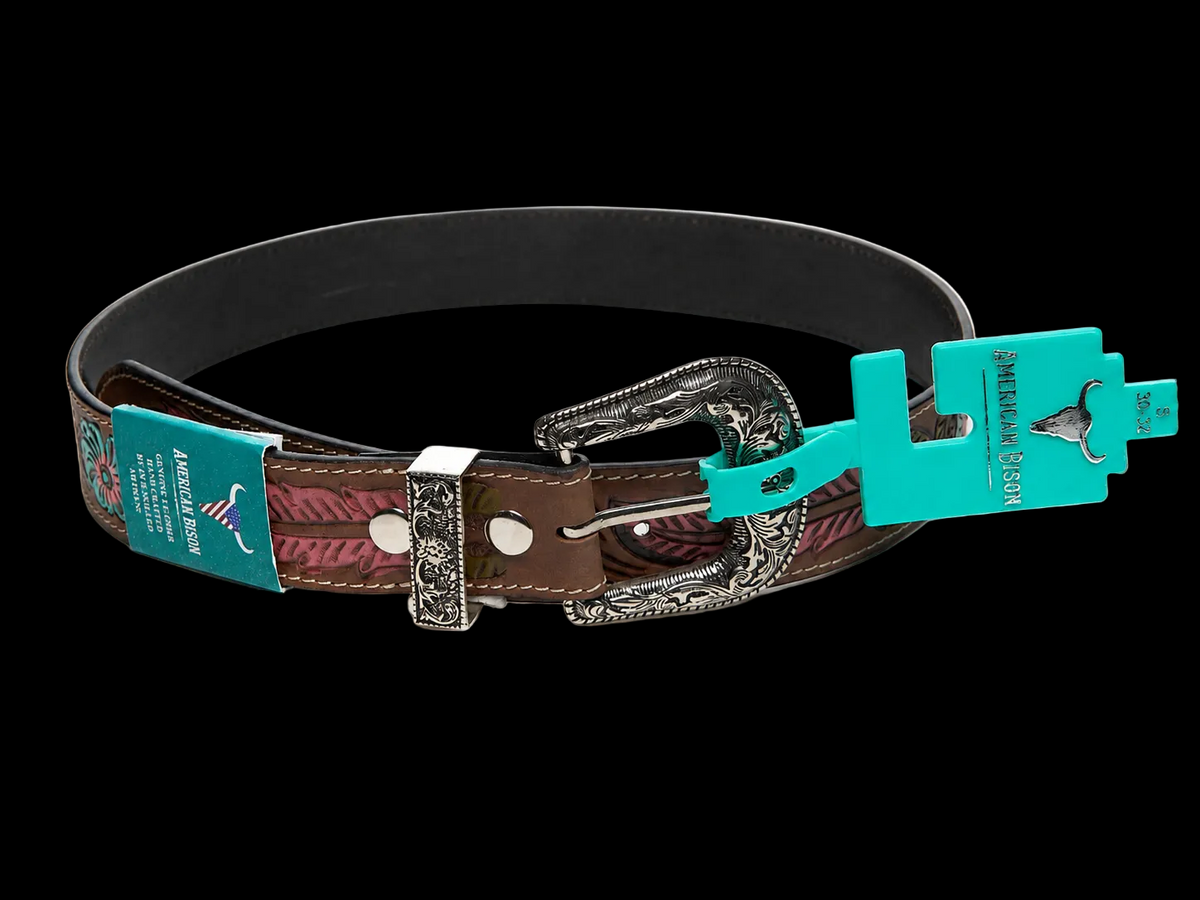 Tooled Leather Belt Turquoise Floral Accent