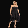 PLUS SIZE SQUARE NECK SMOCKED BODICE TIERED RUFFLE HEM MIDI: Black