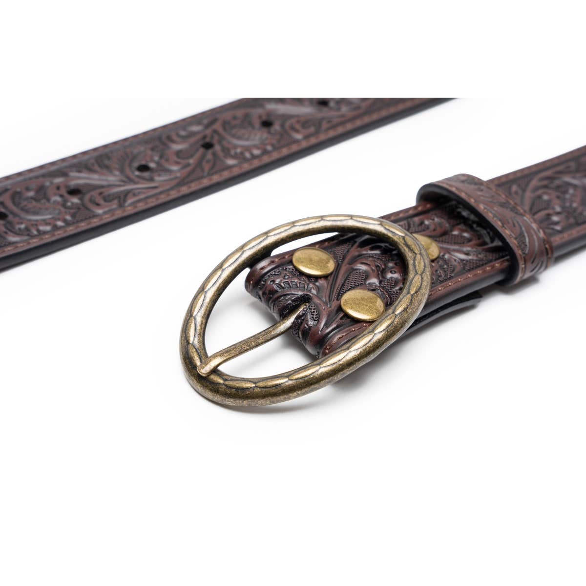 Floral Tooled Leather Western Belt with Antique Brass Buckle: Brown