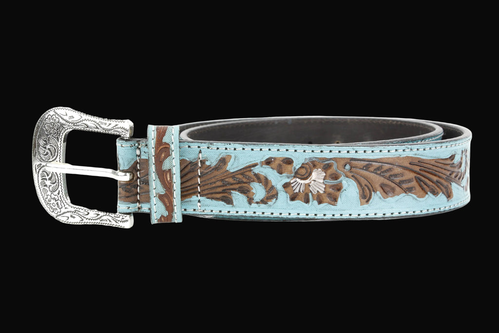 Turquoise Tooled Floral Belt Brown Accents