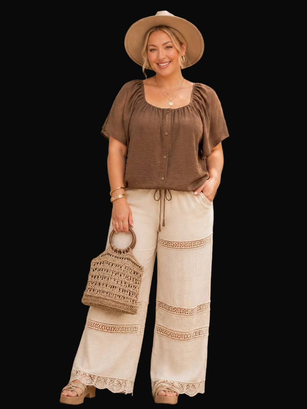 Plus Size Bubble Sleeve Button Front Blouse: Mocha
